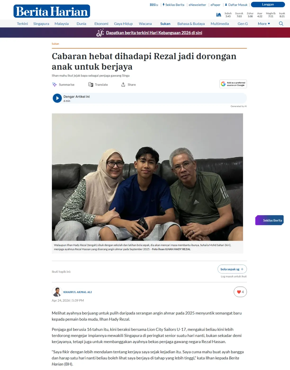 Rezal's great challenges inspire his son to succeed 